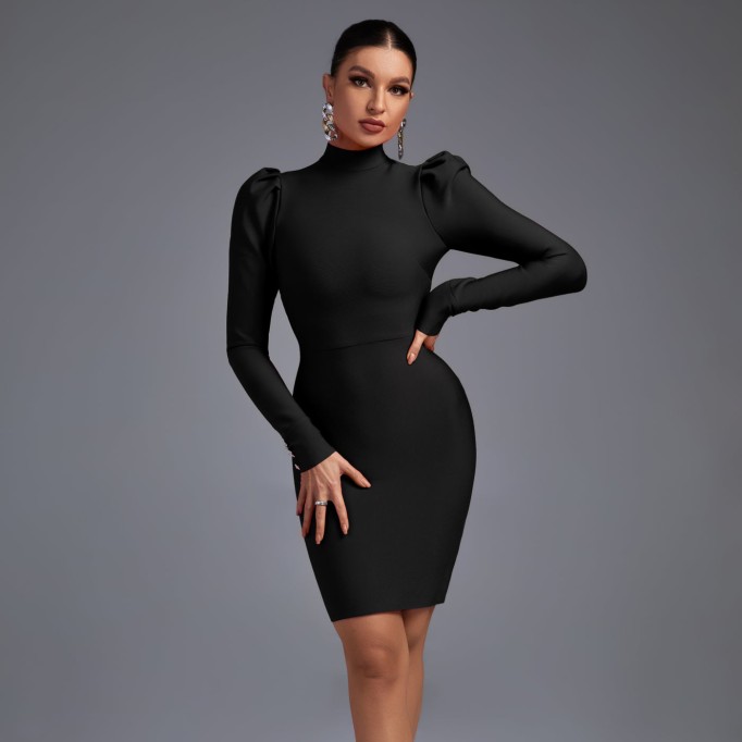 High Neck Long Sleeve Plain Mini Bandage Dress