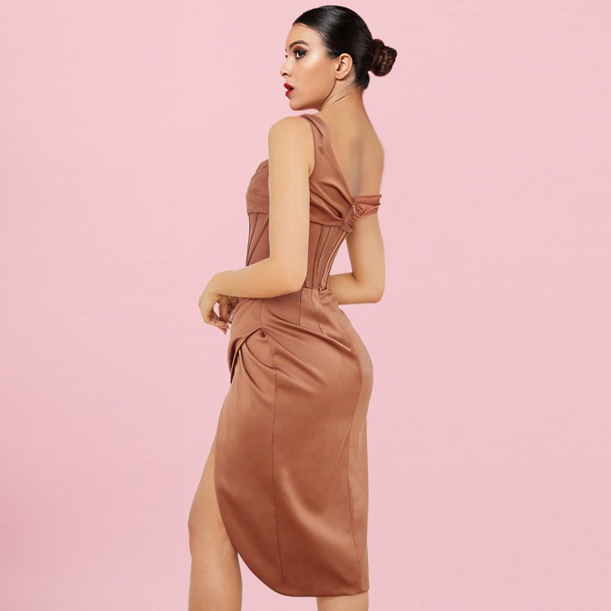 One Shoulder Short Sleeve Asymmetrical Midi Bodycon Dress HI1209