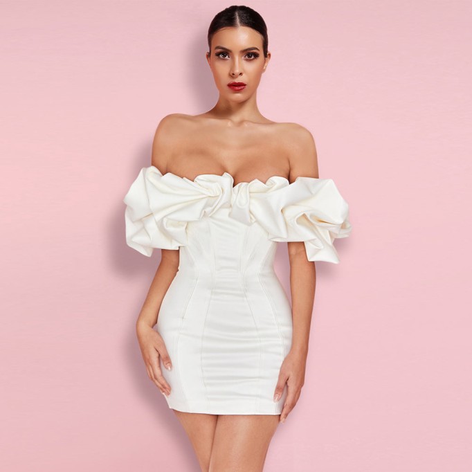 Off Shoulder Short Sleeve Frill Mini Bodycon Dress