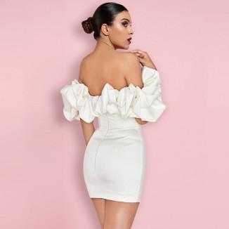 Off Shoulder Short Sleeve Frill Mini Bodycon Dress