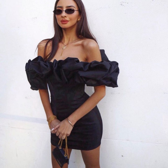 Off Shoulder Short Sleeve Frill Mini Bodycon Dress