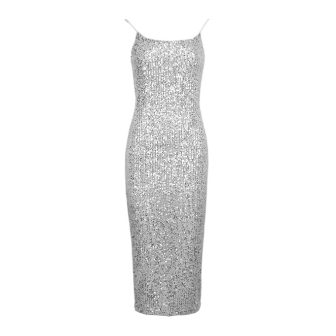 Strappy Sleeveless Sequined Over Knee Bodycon Dress HL9012