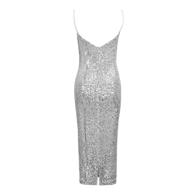 Strappy Sleeveless Sequined Over Knee Bodycon Dress HL9012