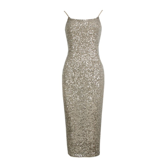 Strappy Sleeveless Sequined Over Knee Bodycon Dress HL9012