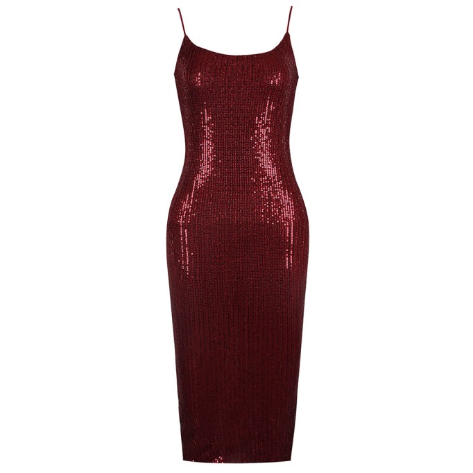 Strappy Sleeveless Sequined Over Knee Bodycon Dress HL9012