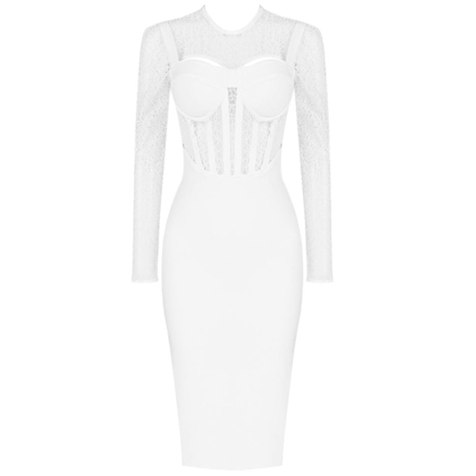 Round Neck Long Sleeve Lace Over Knee Bandage Dress PF20009