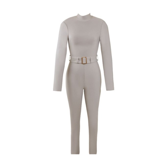 High Neck Long Sleeve With Belt Bandage Jumpsuit