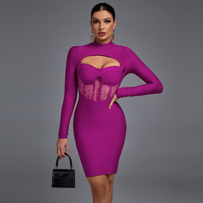 High Neck Long Sleeve Cut Out Midi Bandage Dress