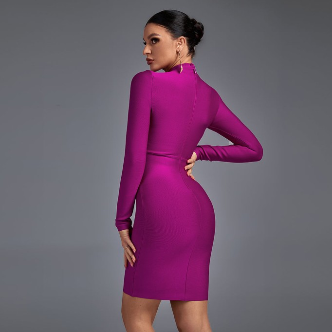 High Neck Long Sleeve Cut Out Midi Bandage Dress