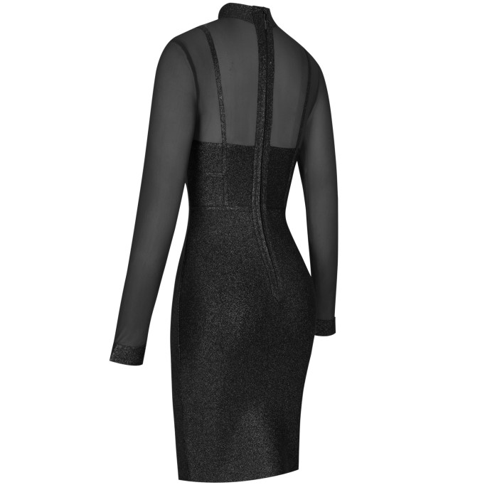 High Neck Long Sleeve Mesh Midi Bandage Dress PP20021