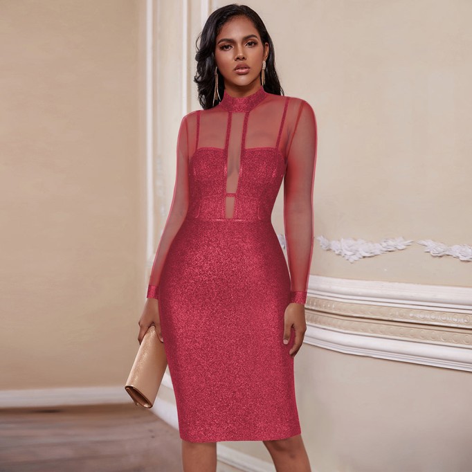 High Neck Long Sleeve Mesh Midi Bandage Dress PP20021