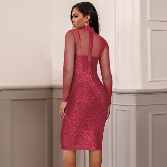 High Neck Long Sleeve Mesh Midi Bandage Dress PP20021