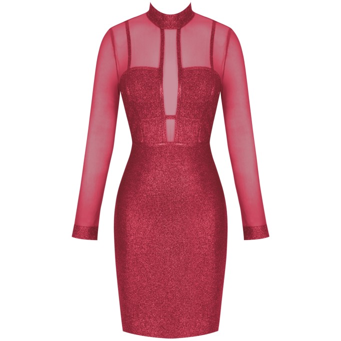 High Neck Long Sleeve Mesh Midi Bandage Dress PP20021