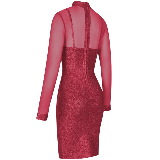 High Neck Long Sleeve Mesh Midi Bandage Dress PP20021