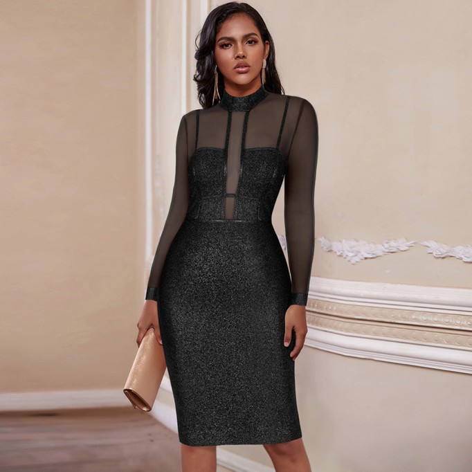 High Neck Long Sleeve Mesh Midi Bandage Dress PP20021