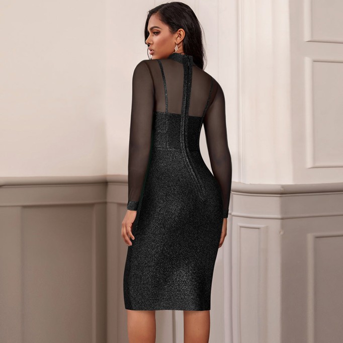 High Neck Long Sleeve Mesh Midi Bandage Dress PP20021