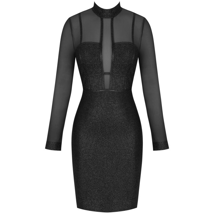 High Neck Long Sleeve Mesh Midi Bandage Dress PP20021