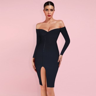 Off Shoulder Long Sleeve Slit Midi Bandage Dress HB7363