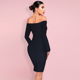 Off Shoulder Long Sleeve Slit Midi Bandage Dress HB7363