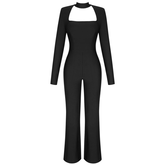 High Neck Long Sleeve Cut Out Bandage Jumpsuit