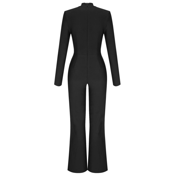 High Neck Long Sleeve Cut Out Bandage Jumpsuit