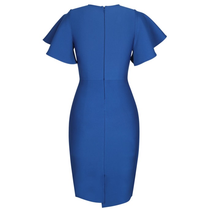 Round Neck Short Sleeve Frill Over Knee Bandage Dress PP091908