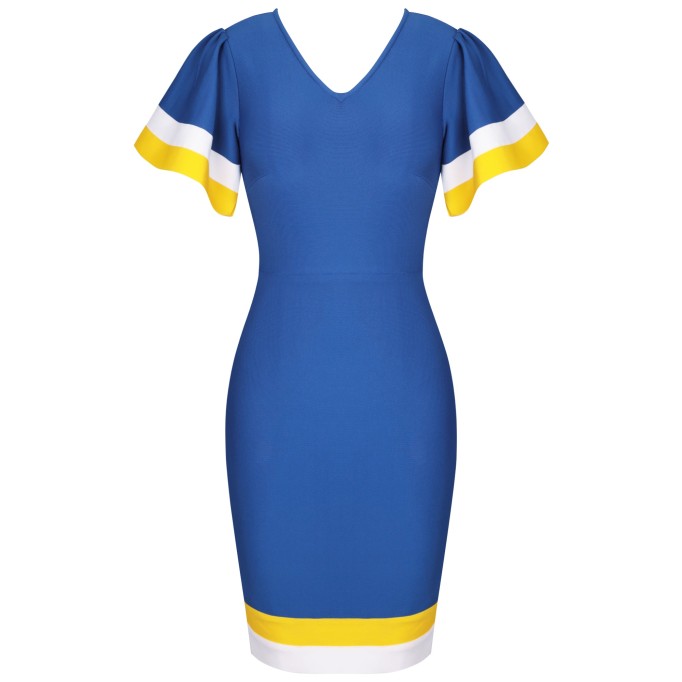 V Neck Short Sleeve Frill Over Knee Bandage Dress PP091911