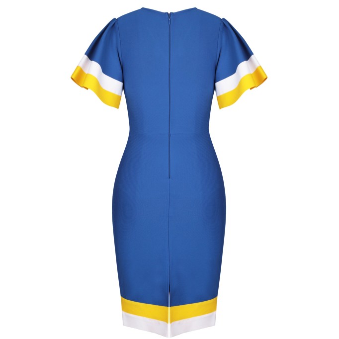 V Neck Short Sleeve Frill Over Knee Bandage Dress PP091911