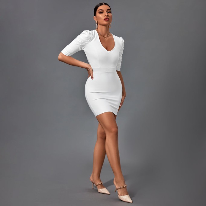 V Neck Mid Sleeve Backless Mini Bandage Dress