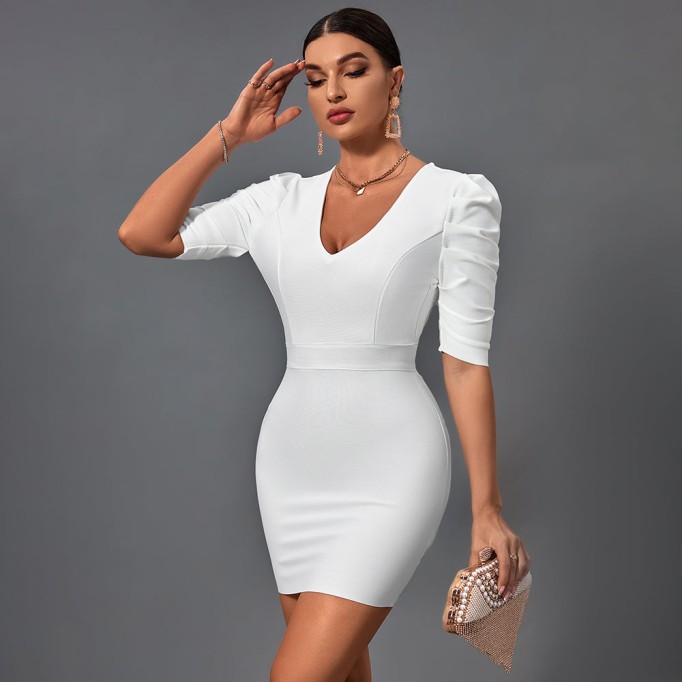 V Neck Mid Sleeve Backless Mini Bandage Dress