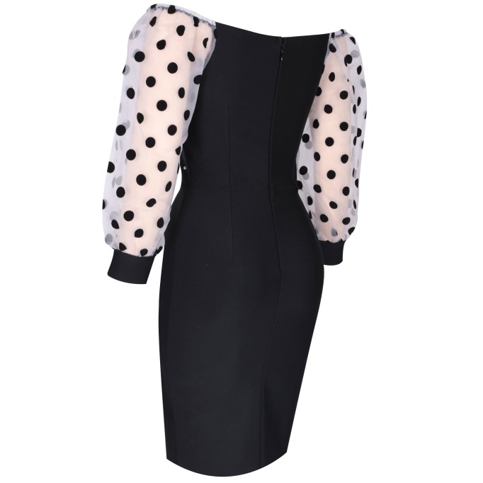 Square Collar Mid Sleeve Polka Dots Midi Bandage Dress PP092003