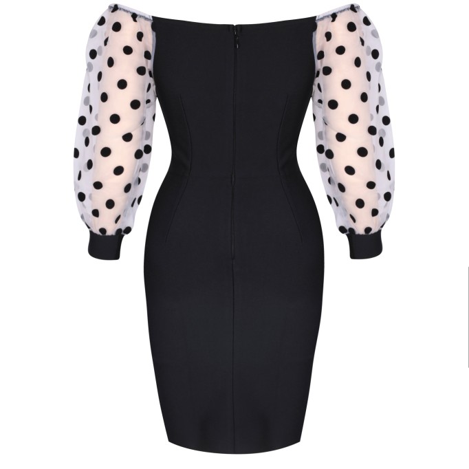 Square Collar Mid Sleeve Polka Dots Midi Bandage Dress PP092003