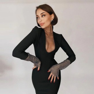 High Neck Long Sleeve Rhinestone Midi Bandage Dress