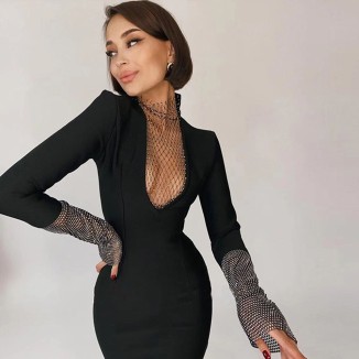 High Neck Long Sleeve Rhinestone Midi Bandage Dress