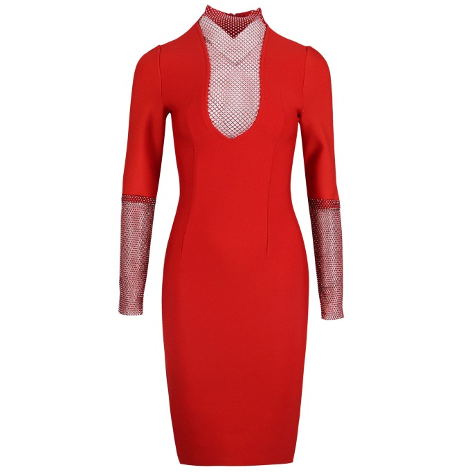 High Neck Long Sleeve Rhinestone Midi Bandage Dress