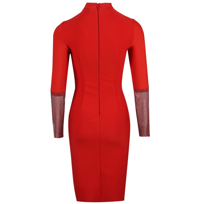 High Neck Long Sleeve Rhinestone Midi Bandage Dress