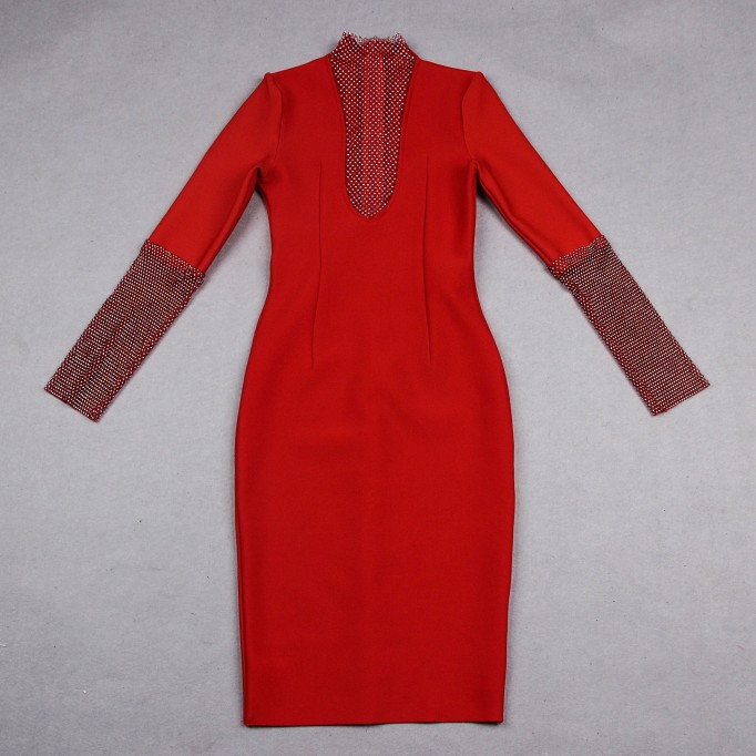 High Neck Long Sleeve Rhinestone Midi Bandage Dress