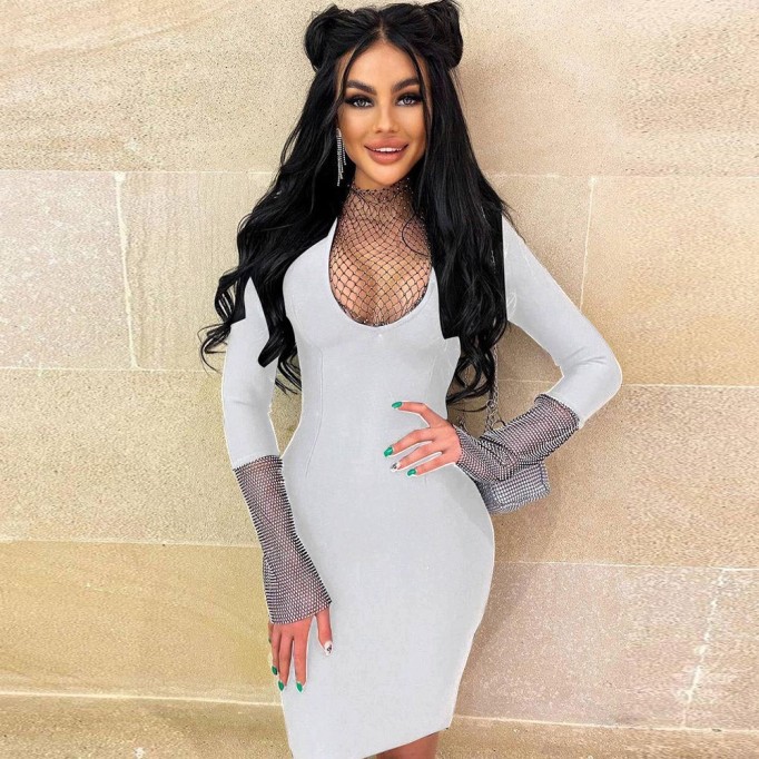 High Neck Long Sleeve Rhinestone Midi Bandage Dress