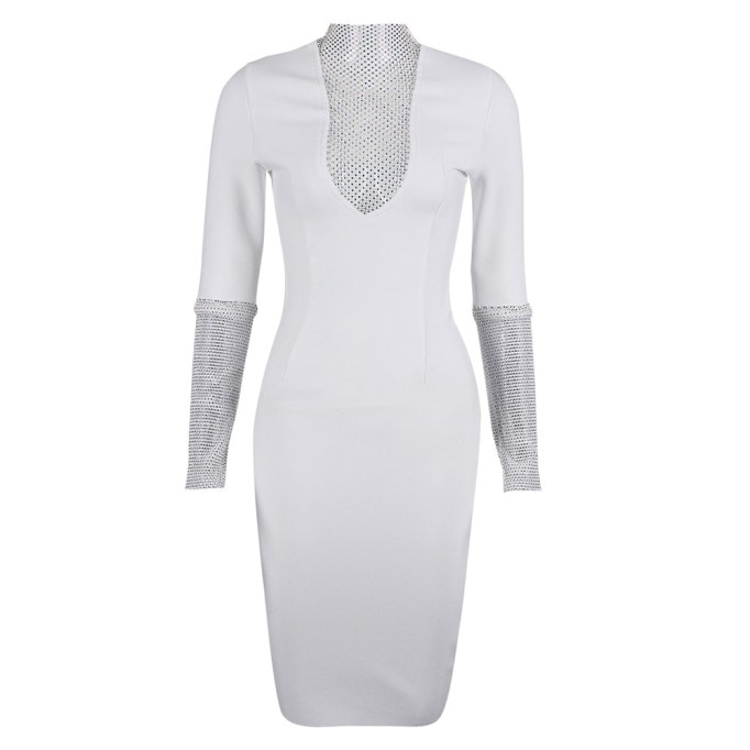 High Neck Long Sleeve Rhinestone Midi Bandage Dress