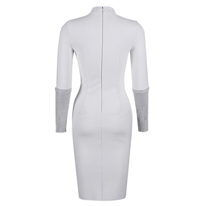 High Neck Long Sleeve Rhinestone Midi Bandage Dress