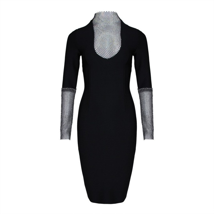 High Neck Long Sleeve Rhinestone Midi Bandage Dress