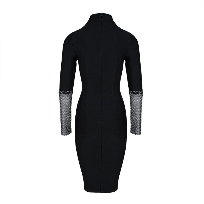 High Neck Long Sleeve Rhinestone Midi Bandage Dress