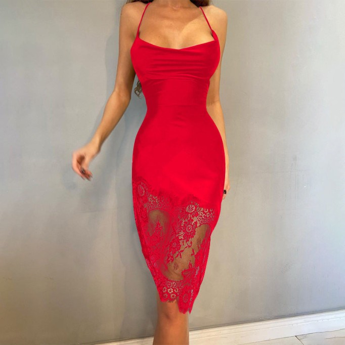 Lace Patchwork Women Satin Sexy Party Club Strapless Midi Dress CS4271