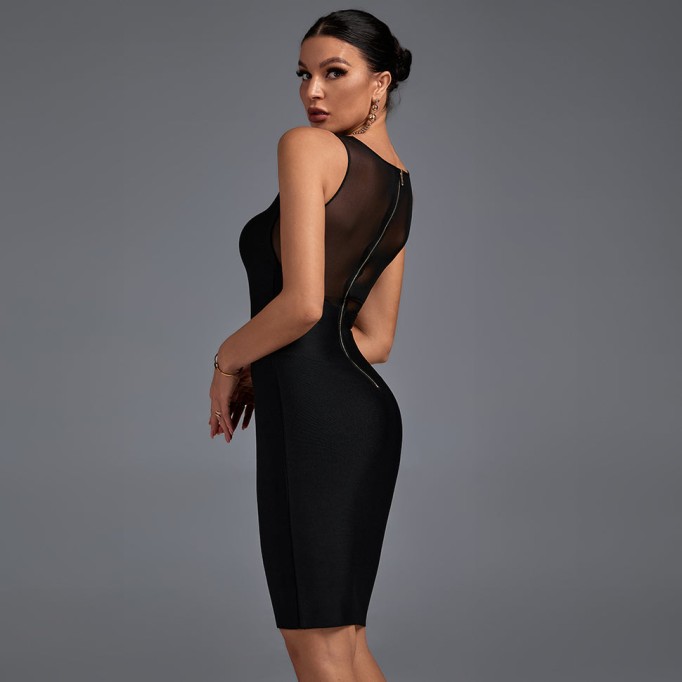 Round Neck Sleeveless Mesh Mini Bandage Dress