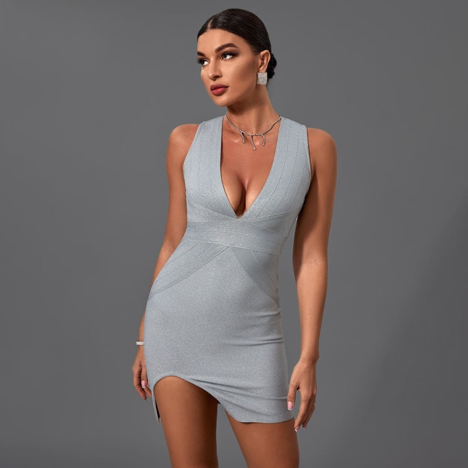 V Neck Sleeveless Slit Mini Bandage Dress