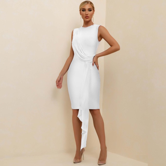 Round Neck Draped Frill Midi Bandage Dress