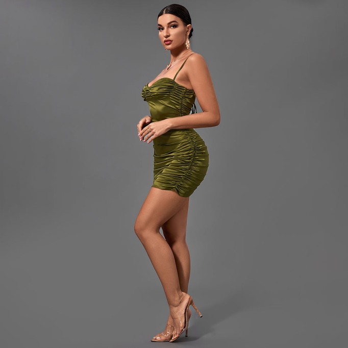 Strappy Sleeveless Wrinkled Mini Bodycon Dress