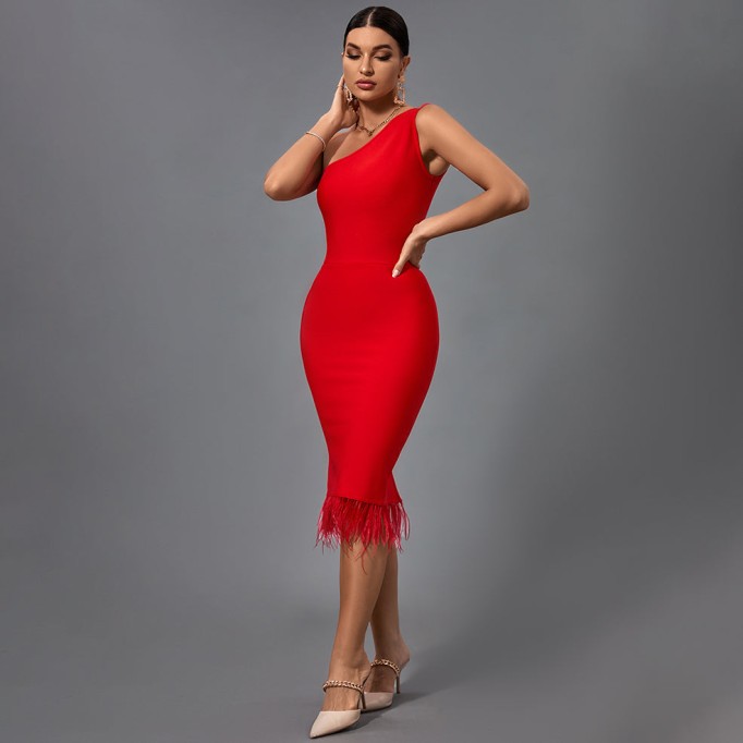 One Shoulder Sleeveless Tassels Midi Bandage Dress