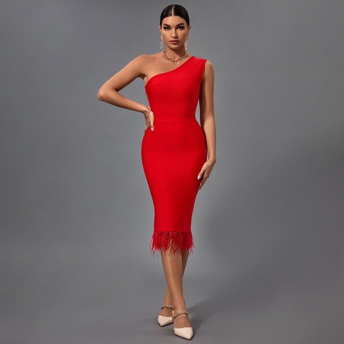 One Shoulder Sleeveless Tassels Midi Bandage Dress