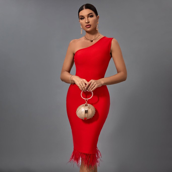 One Shoulder Sleeveless Tassels Midi Bandage Dress